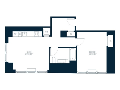 Floor plan for 1 bed, 1 bath, 744 sqft